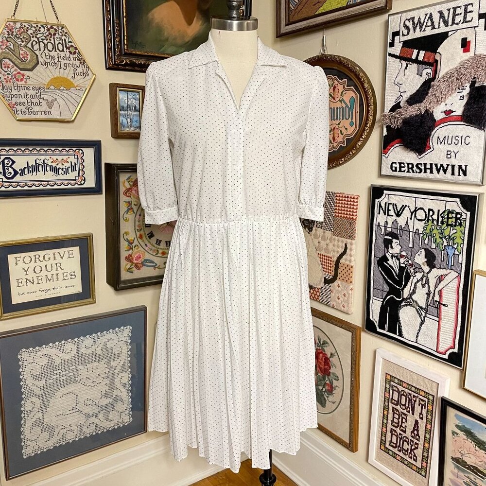80s Vintage Carriage Court White & Black Polka Dot Secretary Dress Size 14P